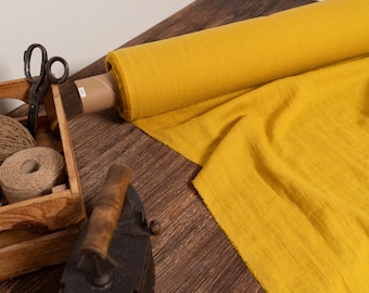 Linen fabric mustard yellow, Softened Washed flax fabrics, Fabric by the yard or meter