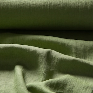 Linen fabric apple green, Softened fabric by the yard or meter, Washed flax fabric