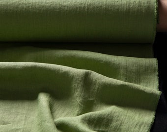 Linen fabric apple green, Softened fabric by the yard or meter, Washed flax fabric