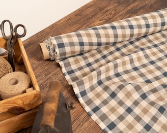 Natural With Blue Beige Check Linen Fabric (2X2cm) – Natural Baltic Linen by Yard, Medium Weight for Sewing & Home Decor