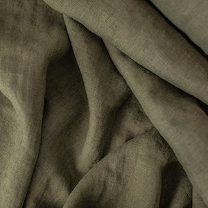 Linen fabric khaki green, Fabric by the yard or meter, Washed softened flax fabric