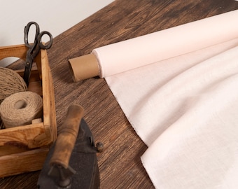 May include: A wooden crate holds twine and spools of thread next to a pair of vintage scissors. A roll of light pink fabric and a piece of the same fabric are on a wooden surface. An antique iron is in the foreground.