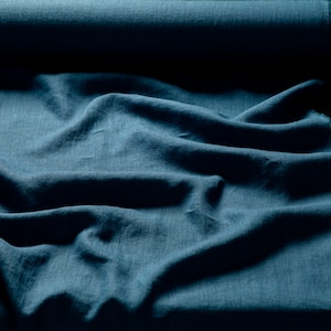 Linen fabric ocean blue, Washed softened flax fabrics, Fabric by the yard or meter