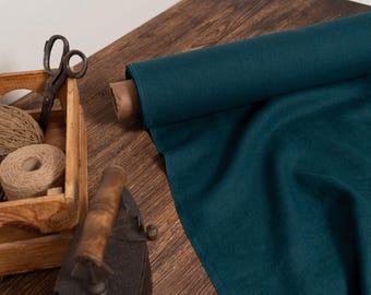 Teal green linen fabric, Emerald linen fabric, Fabric by the yard or meter