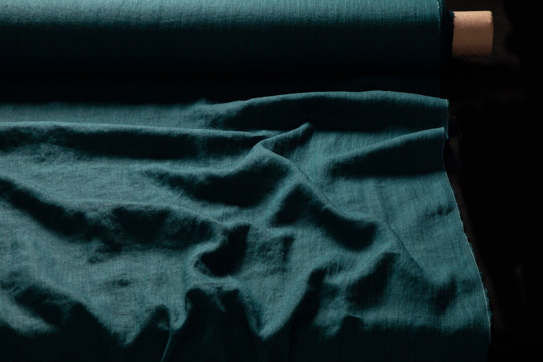 Teal Blue Green Linen Fabric, Emerald Linen Fabric, Fabric by the Yard