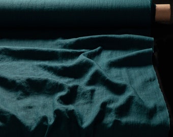 Teal blue green linen fabric, Emerald linen fabric, Fabric by the yard or meter