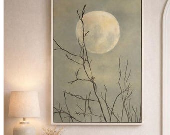 Oeuvre d'art originale de paysage de nuit, peinture minimaliste de lune, acrylique sur toile, grande décoration de chambre à coucher de salon