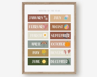 Boho Months of the Year Poster, Educational Poster