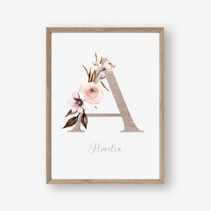 Personalized Baby Name Print: Linen Floral Initial and Name