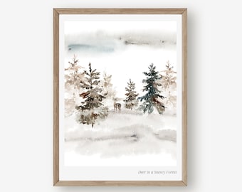 Winter Print - Deer in a Snowy Forest