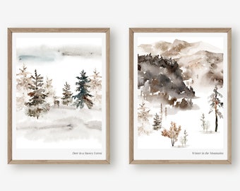 Set of 2 Winter Prints - Deer in a Snowy Forest, Winter in the Mountains