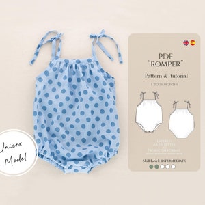 Peut inclure: Un patron de couture PDF pour un romper unisexe avec un imprimé à pois bleus. Le patron comprend des instructions pour les tailles de 1 à 36 mois. Le patron est intitulé "PDF "Romper" Pattern & tutorial 1 to 36 months".