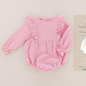 Modello di cucito per tutina con maniche a balze per neonati / Taglie 1-36 mesi (modello PDF) in inglese e spagnolo