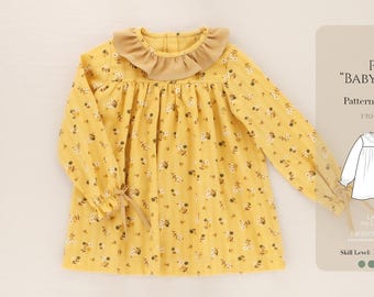 PDF Schnittmuster für Baby & Kleinkind Kleid: Langarm Kragen, Rüschen Detail (3-36 Monate)