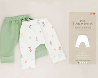 Patrón PDF de pantalones harem para bebé: Tutorial de costura fácil, tallas de 1 a 12 meses (inglés y español)
