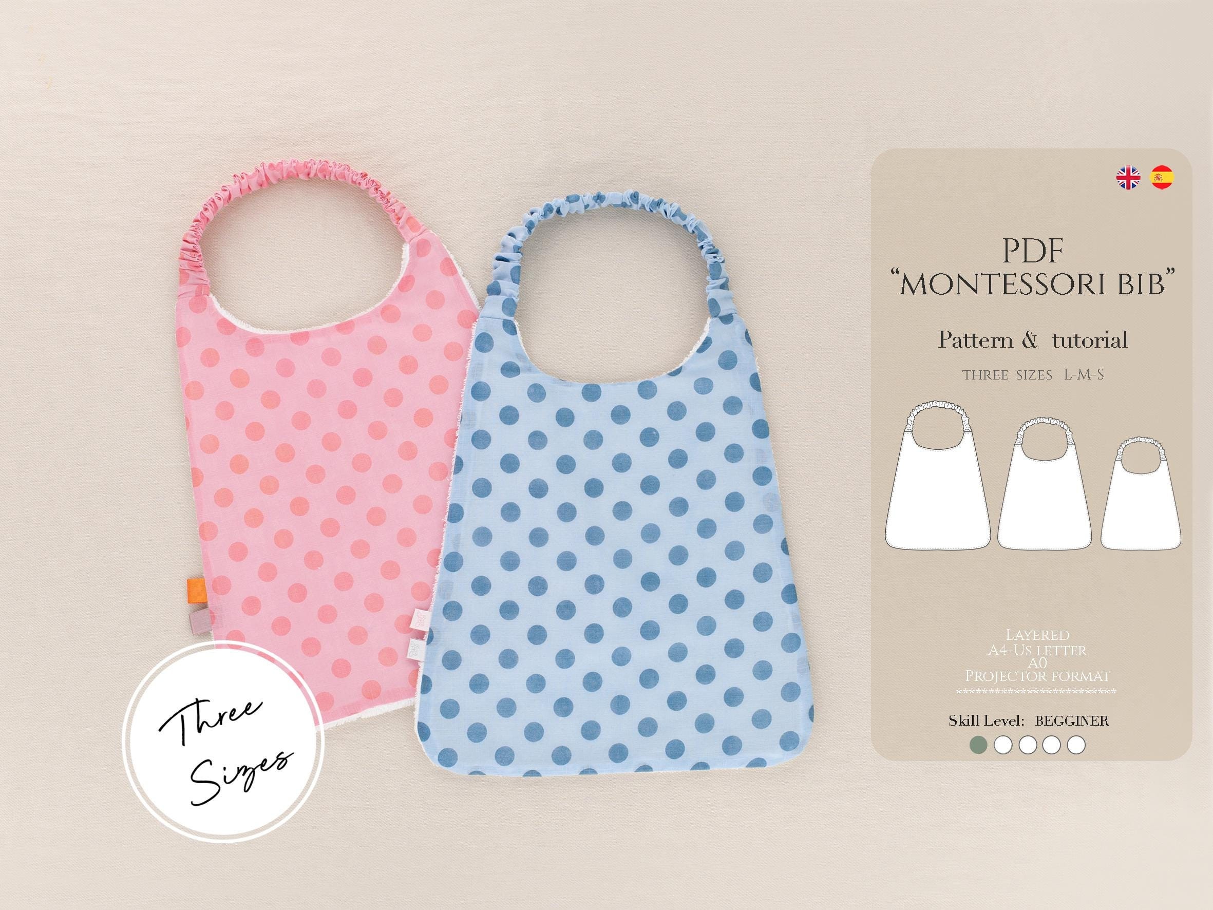 Montessori Bib PDF Patterns and Easy Tutorial l Absorbent Baby Bibs Patterns l 3 Sizes l Baby bibs patterns l English & Spanish  language