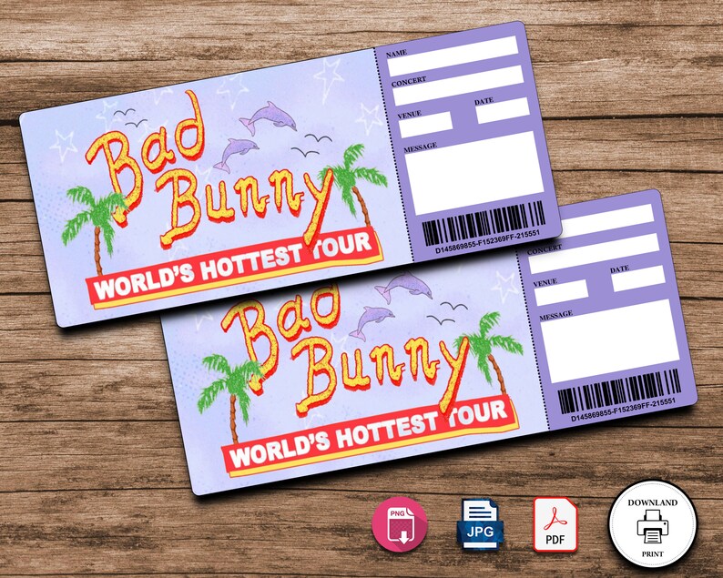 Bad Bunny Concert Ticket Template Gift Certificate Worlds Etsy