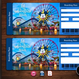 Boleto de revelación sorpresa de parque temático imprimible, boleto de revelación de regalo editable, tarjeta de embarque de regalo de Navidad