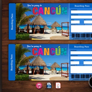 Boleto de Regalo Viaje Sorpresa a CANCÚN. Tarjeta de embarque. Billete de viaje. Boleto de vacaciones. Descarga instantánea. Archivo PDF editable.