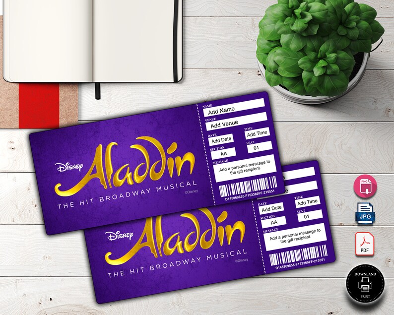 ALADDIN Broadway Surprise Ticket. Editable Musical Theatre Faux Event Admission Souvenir Keepsake. PDF Instant Digital Download. zdjęcie 8