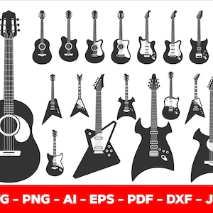 Guitar SVG Bundle, Guitar PNG Bundle, Guitar Clipart, Guitar SVG Cut Files for Cricut, Guitar Silhouette, Classical Electric Guitar.