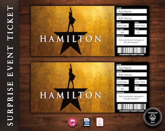 HAMILTON Broadway Gift Ticket Editable Personalised Musical Theatre Ticket PDF Instant Download Etsy