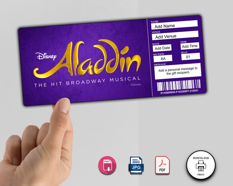 ALADDIN Broadway Surprise Ticket. Editable Musical Theatre Faux Event Admission Souvenir Keepsake. PDF Instant Digital Download. zdjęcie 2