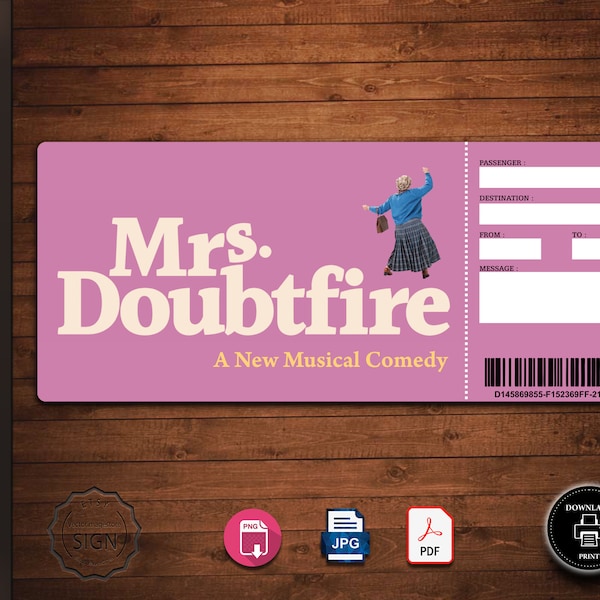 Mrs Doubtfire Broadway Surprise Ticket, Mrs Doubtfire the Musical Collectible Theater Ticket, Editable Theatre Faux Event