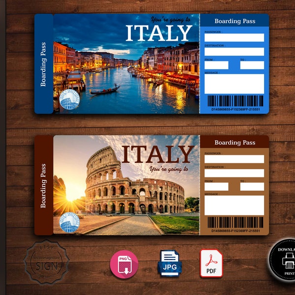 ITALY Surprise Trip Gift Ticket. Boarding Pass. Ticket. Trip Ticket. Vacation Ticket. Instant Download. Editable PDF File.