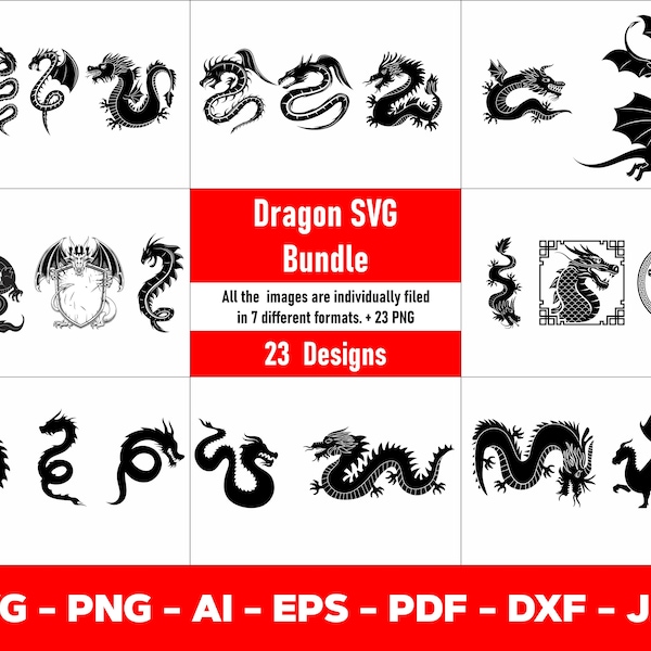 Dragon Svg Bundle, Dragon svg, Dragon Cut File, Dragons Head, Dragon Clipart, Animal Svg, Dragon Silhouette, Dragon tattoo svg - png