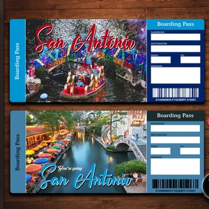 Boleto Regalo Viaje Sorpresa SAN ANTONIO. Tarjeta de embarque. rasgar billete. Boleto de vacaciones. Descarga instantánea. Archivo PDF editable.
