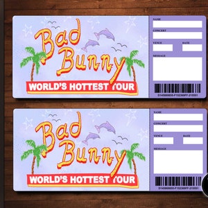 Bad Bunny Concert Ticket Template Gift Certificate - World’s Hottest Tour - Personalized Event Ticket