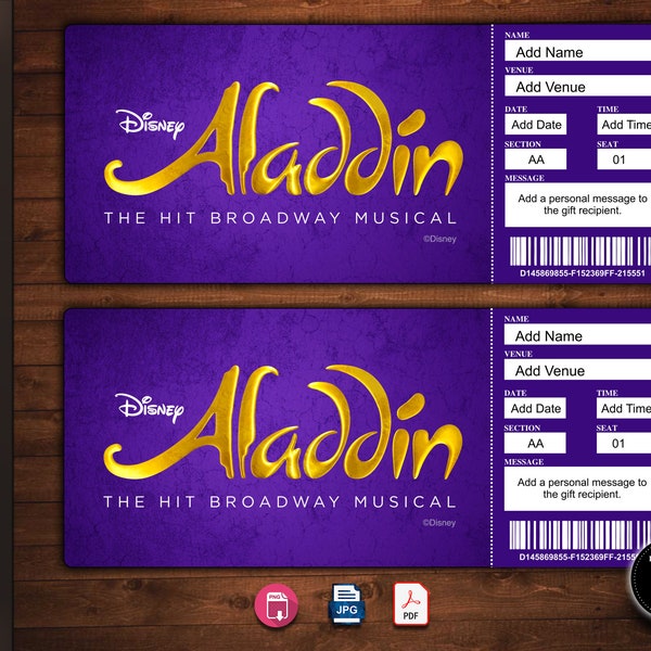 ALADDIN Broadway Surprise Ticket. Editable Musical Theatre Faux Event Admission Souvenir Keepsake. PDF Instant Digital Download.