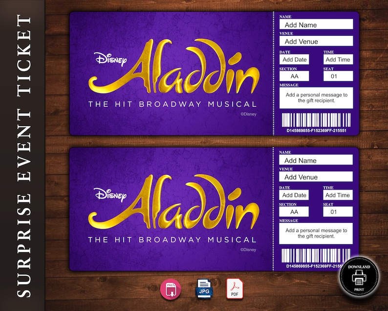 ALADDIN Broadway Surprise Ticket. Editable Musical Theatre Faux Event Admission Souvenir Keepsake. PDF Instant Digital Download.