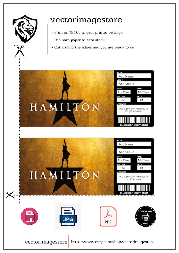 HAMILTON Broadway Gift Ticket Editable Personalised Musical Theatre Ticket PDF Instant Download Etsy