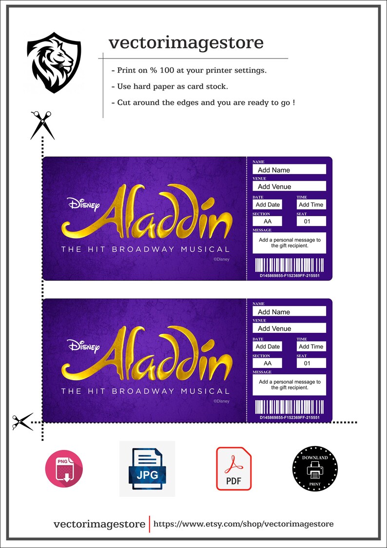 ALADDIN Broadway Surprise Ticket. Editable Musical Theatre Faux Event Admission Souvenir Keepsake. PDF Instant Digital Download. zdjęcie 7