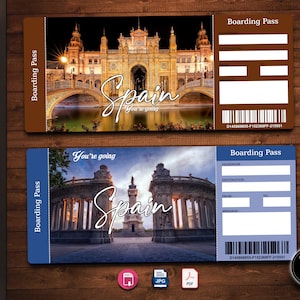 Billete Regalo Viaje Sorpresa ESPAÑA. Tarjeta de embarque. Billete de viaje. Boleto de vacaciones. Descarga instantánea. Archivo PDF editable.