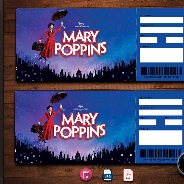 MARY POPPINS Broadway Surprise Ticket. Editable Musical Theatre Faux Event Admission Souvenir Keepsake. PdF Instant Digital Download.
