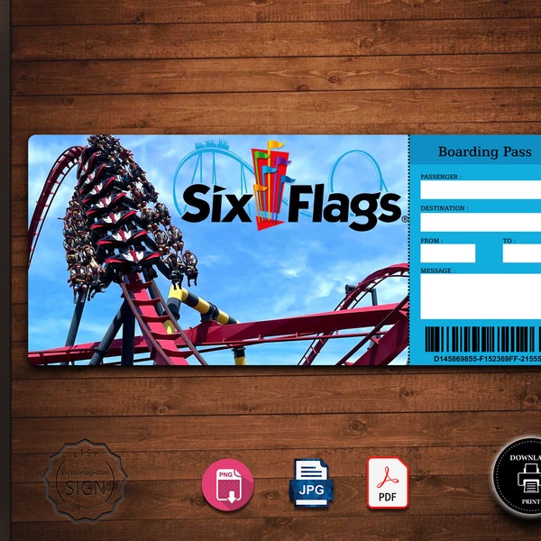 SIX FLAGS Surprise Gift Ticket. Boarding Pass. Trip Ticket. Admission Ticket. Instant Download. Editable PDF File.