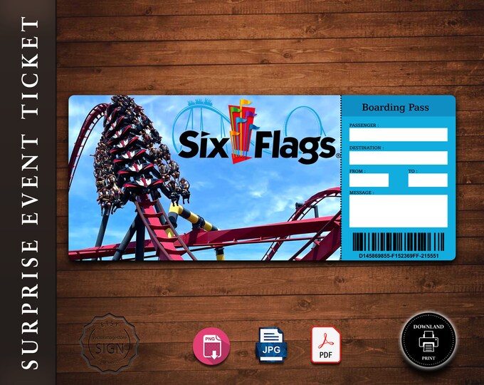 SIX FLAGS Surprise Gift Ticket. Boarding Pass. Trip Ticket. Admission ...