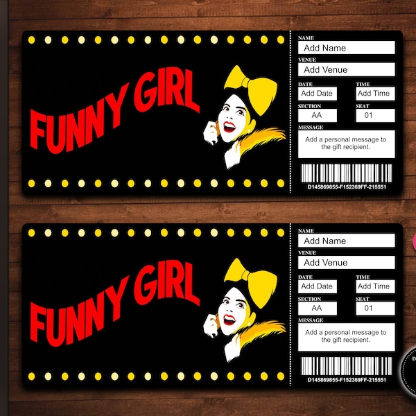 Funny Girl  Broadway Surprise Ticket. Editable Musical Theatre Faux Event Admission Souvenir Keepsake. Instant Digital Download.