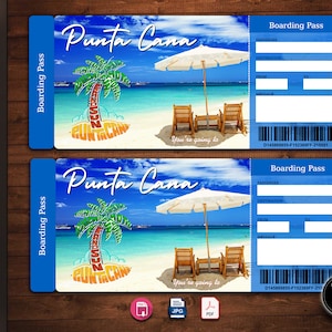 Punta Cana Printable Airline Ticket Boarding Pass Template, Vacation, Trip, Surprise. Editable. Ready to print.