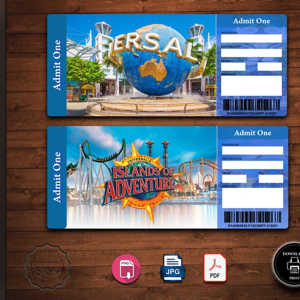 UNIVERSAL STUDIOS Verrassingsreisticket, universeel cadeauticket, afdrukbare instapkaart, bewerkbaar vakantieticket, toegangsbewijs