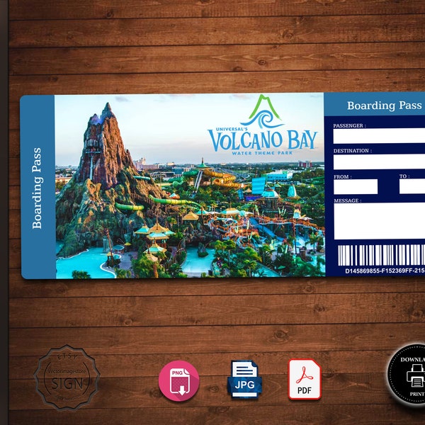 Universal's VOLCANO BAY water theme park ticket, Surprise Trip ticket, Gift Ticket, Editable Vacation Ticket, Admission Ticket