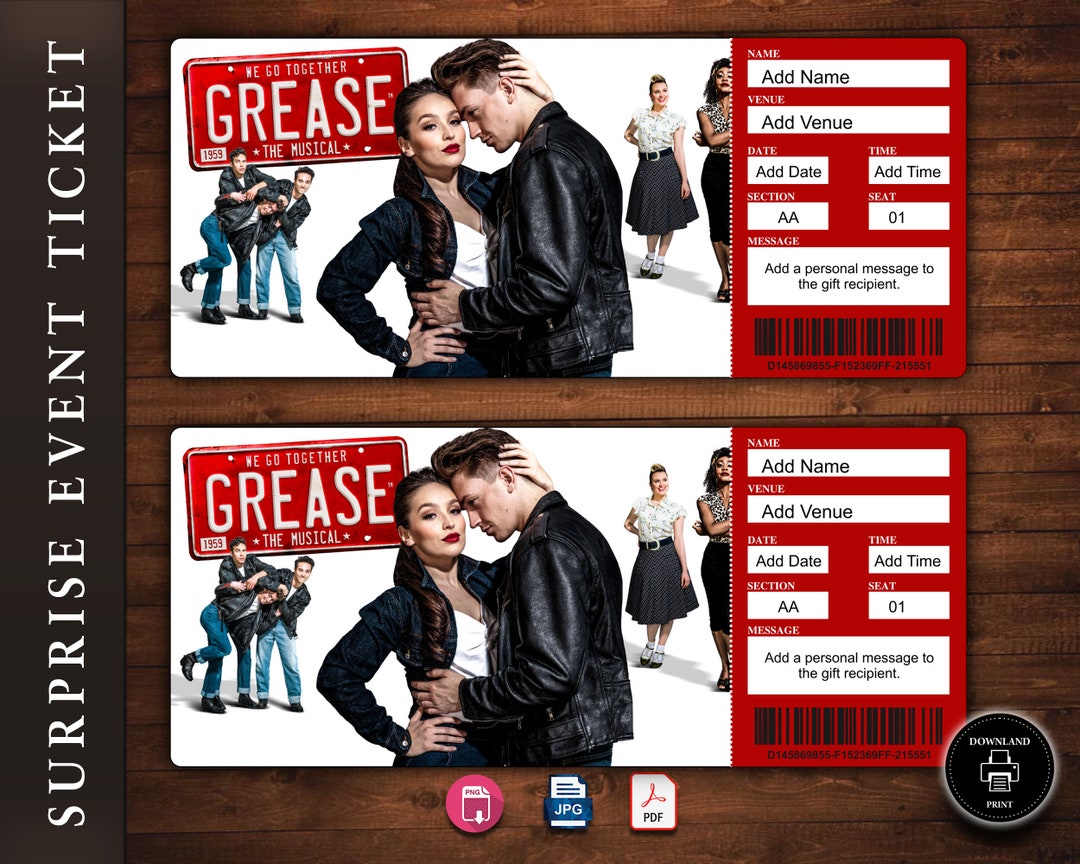 GREASE Broadway Surprise Ticket. Editable Musical Theatre Faux Etsy