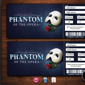 PHANTOM of the OPERA Broadway Surprise Ticket. Editable Musical Theatre Faux Event Admission Keepsake. PDF Instant Download