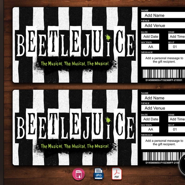 BEETLEJUICE Broadway Surprise Ticket. Editable Musical Theatre Faux Event Admission Souvenir Keepsake. PDF Instant Digital Download.