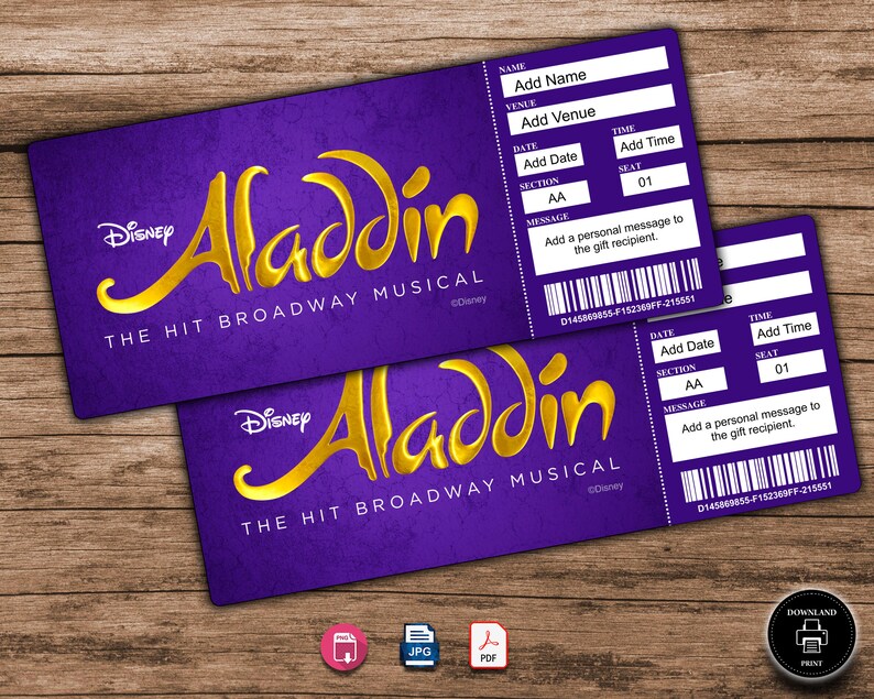 ALADDIN Broadway Surprise Ticket. Editable Musical Theatre Faux Event Admission Souvenir Keepsake. PDF Instant Digital Download. zdjęcie 3