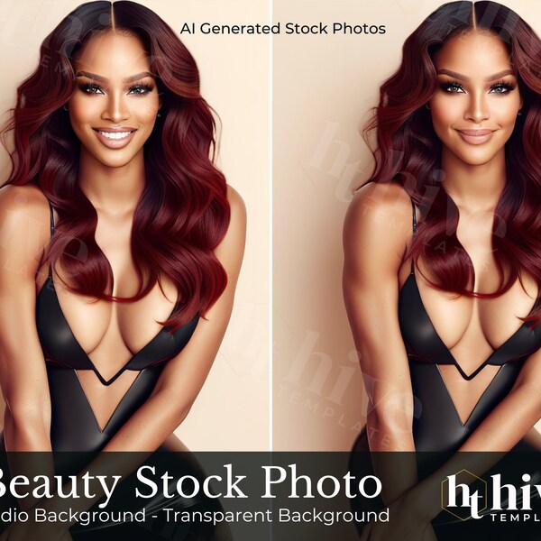 Hair Model Stock Photos | Beauty, Lash, Skin Care | Auburn Hair Extension Photo | Black Beauty Model | Instant Download | 4 PNG Images