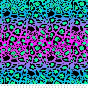 May include: A seamless pattern featuring a leopard print design with a gradient of blue, purple, and pink colors. The spots are a bright green color.